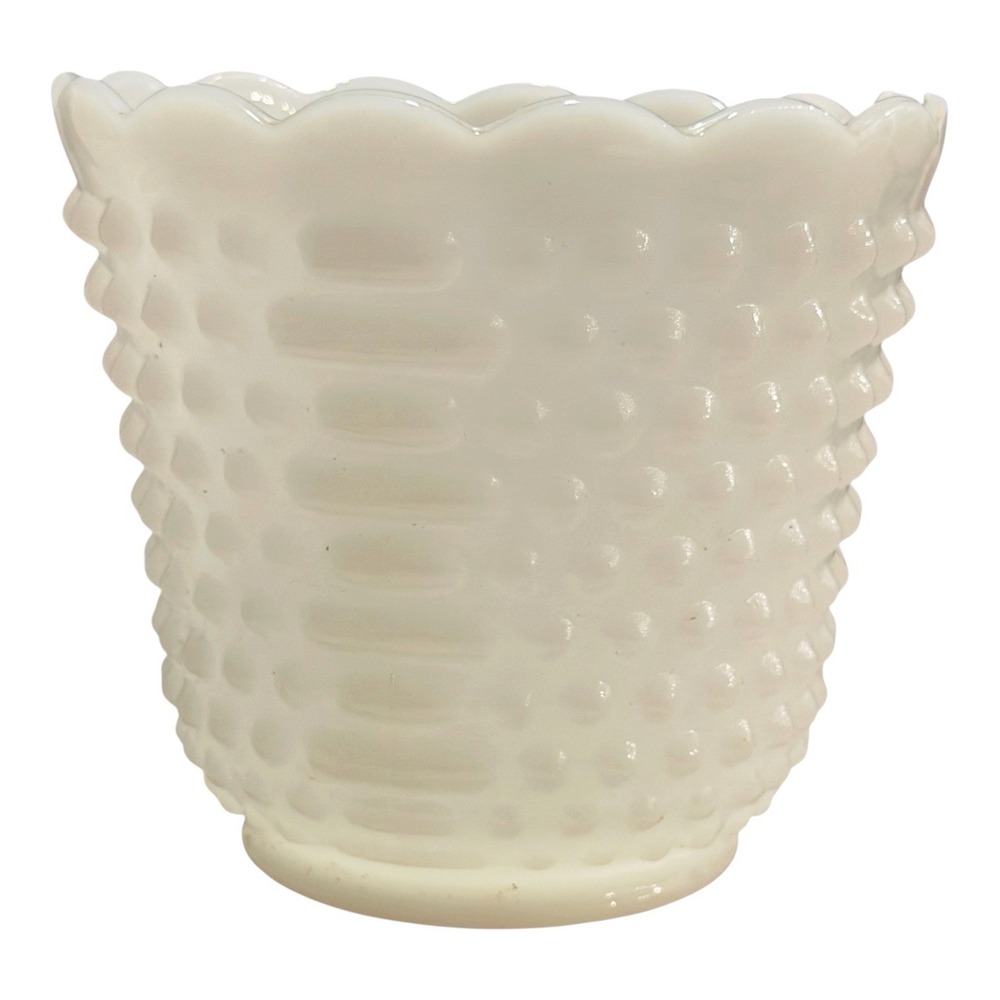 Vintage Hobnail White Milk Glass Fire King 5.25" Scalloped Planter Vase MCM